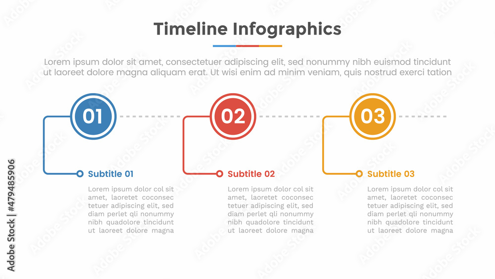 Three Line Time Line timeline infographic concept with 3 or three list step with circle ...