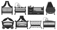 Baby Cot Vector Illustration On White Background. Vector Black Set Icon Crib Bed. Isolated Black Set Icon Baby Cot.