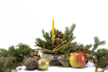 Sticker - Orthodox Christmas decoration candle and pine tree needles on bright white background