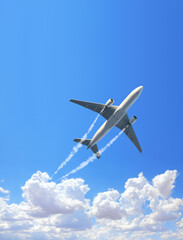 vertical nature background with aircraft and jet trailing smoke in the sky. airplane and condensatio