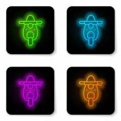 Sticker - Glowing neon line Scooter icon isolated on white background. Black square button. Vector