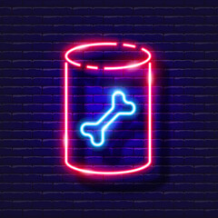 Wall Mural - Canned food for animals neon icon. Vector illustration for design, website, pet shop, veterinary clinic. Veterinary medicine concept.