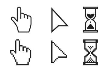 Leinwandbilder - Black hourglass loading clock, pointer hand and arrow mouse cursors icon sign graphic element flat style design vector illustration set. Simplistic pictogram indicator sign, endless time process idea.