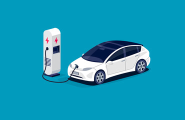 Modern electric car charging parking at the charger station with a plug in cable. Isolated flat vector illustration with fast charge stall and plug in cable. Electrified transportation e-motion.