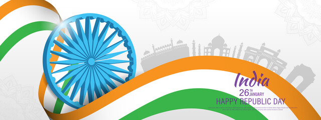 26 th January Indian Republic Day banner template design with Indian flag and silhouette of Indian monument.