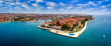 Zadar, Croatia - Aerial Panoramic View Of The Old Town Of Zadar By The Adriatic Sea With Sea Organ, Yacht Harbor And Blue Sky On A Bright Summer Day