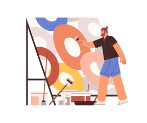 Poster - Artist drawing picture on canvas. Contemporary painter during creative process, painting abstract artwork. Creator with easel, paints and brush. Flat vector illustration isolated on white background