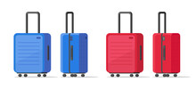 Luggage Travel Airport Suitcases Set Red And Blue Color 3d Style Or Trolley Bag Baggage With Handle Vector Isolated On White Background Clipart In Flat Cartoon Design, Plastic Wheel Case Object