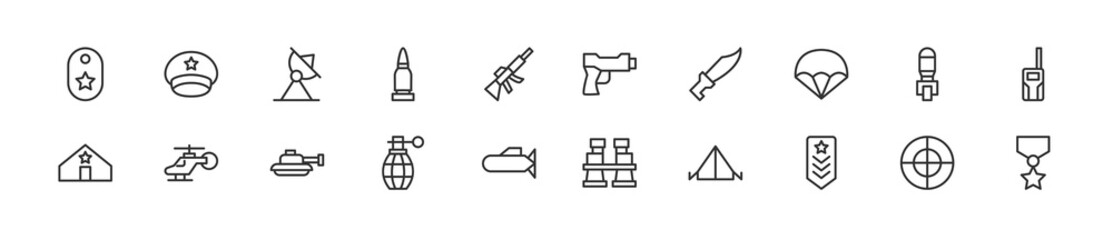 Set of simple military line icons.
