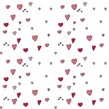 Seamless Pattern Valentine's Day In Hand Drawn Doodle Style. Romantic Pattern With Pink And Red Hearts With Black Stroke.