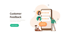 Customer Feedback Scene. Characters Giving Review To Customer Service Operator And Writing Comments. Vector Illustration.
