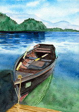 Watercolor Illustration Of A Wooden Fishing Boat With Oars At The Wooden Pier And The Distant Green Shore In The Background