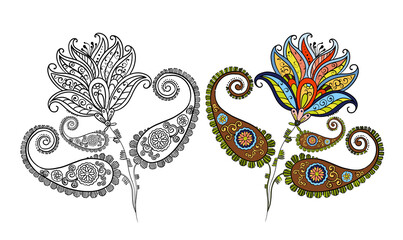 Illustration raster element paisley on in color and black and white version for coloring pages on white isolated background. High quality illustration