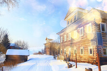 Winter Landscape Russian Village North Wooden House