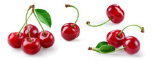 Cherry Isolated. Sour Cherry Collection. Cherries With Leaves On White Background. Sour Cherri Set.