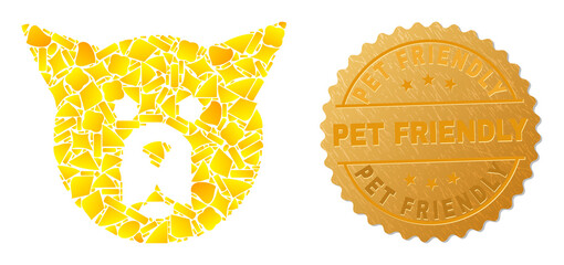 Wall Mural - Golden composition of yellow particles for dog head icon, and gold metallic Pet Friendly stamp seal. Dog head icon composition is done of random golden items.