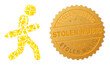 Golden composition of yellow items for pencil robber icon, and gold metallic Stolen Music seal print. Pencil robber icon composition is composed of scattered gold particles.