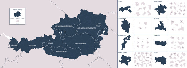 Vector color detailed map of Austria with administrative divisions of the country, each region-states is presented separately in highly detailed and divided into districts