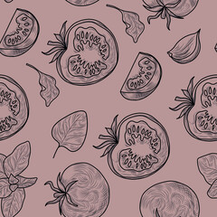 Wall Mural - Tomato and basil hand drawn illustrations on the seamless texture