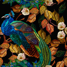 Embroidery Peacocks And Autumn Leaves Seamless Pattern. Tails Of Tropical Birds Art. Fashionable Template For Design Of Clothes
