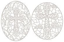 Set Contour Illustrations With Christian Cross And Flowers ,black Contour On White Background