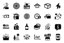 Vector Set Of Business Icons Related To Message, Innovation And Business Portfolio Icons. Hypoallergenic Tested, Pie Chart And Fan Engine Signs. Globe, Time And Present Box. Opened Gift. Vector