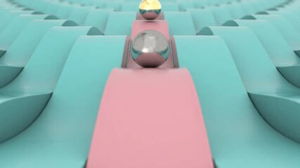 Poster - Loop 3d animation of an abstract background of blue and pink lines with a golden sphere that moves along the road. The animation has noise and other special effects.