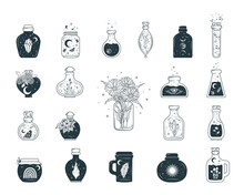 Mason Jar Celestial Collection. Witchcraft Potions, Jugs, Butterflies And Mystical Flowers Isolated Set. Hand Drawn Vector Illustration In Boho Style.