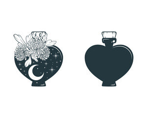 celestial jars with moon, stars and chrysanthemums. hand drawn esoteric design elements isolated on 