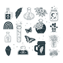 Mason Jars, Celestial Bottles, Butterflies, Crystal, Mushrooms And Other Esoteric Elements Set. Hand Drawn Vector  Illustration For Witchcraft.