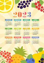 Wall Mural - Calendar 2023. Healthy food. Color fruits and berries sketch menu. Fresh rowan, apple, lemon, pineapple, currant, blueberry and chokeberry. Colorful design template. Vector wall poster