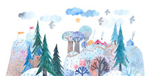 Watercolor Illustration. Magical Winter Landscape. Cute Village On The Hill. Wild Animals In The Winter Forest.