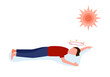Young man fainting under strong sunlight in flat design on white background. Dizziness symptom.