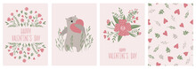 Happy Valentine's Day Greeting Cards. Floral Patterns, Cartoon Character Bear With Heart And Gentle Seamless Pattern. For Publications On Social Networks, Mobile Applications, Advertisements, Web.