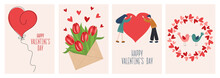 Set Of Greeting Cards Happy Valentine's Day. Cartoon Characters Hugging A Huge Heart, A Letter With Flowers, Kissing Birds. Templates For Social Media Posts, Mobile Apps, Advertising, Web.