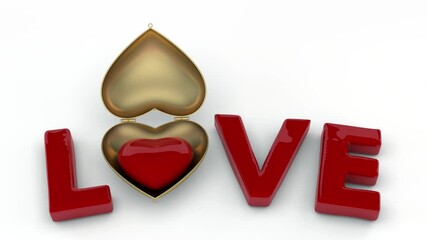 Poster - Festive 3D animation of the appearance of the text love, and a golden box in the form of a golden heart that opens. 3d animation for Valentine's Day.