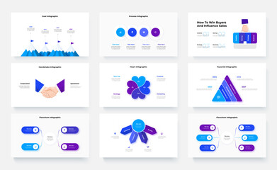 Poster - Collection of infographic presentation slides - mountains, heart diagram, flow charts, arrows and briefcase. Creative vector illustration for business analysis.