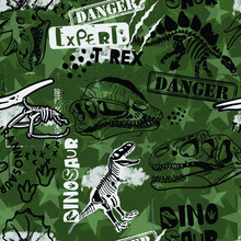 Seamless  Dino Pattern, Print For T-shirts, Textiles, Wrapping Paper, Web. Original Design With T-rex,dinosaur Skeleton.  Grunge Design For Boys . 