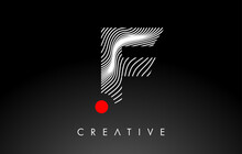 F Letter Logo With Red Dot Circle And Warp Lines Design Vector