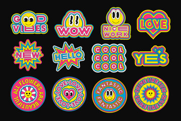 Aufkleber - Set of Pop Art Stickers Vector Design. Cool Trendy Emoticon Smile Patches. Cute Badges.