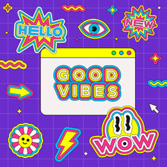 Sticker - Trendy Pop Art Banner with Abstract Colorful Stickers. Cool Cute Patches Vector Design.