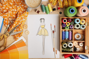 Poster - Sketch of fashion dress and thread supplies at designer's workplace, flat lay