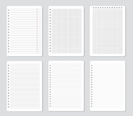 Poster - Squared notebook pages, lined paper sheets, notepaper. School notepad with lines or dots, blank memo papers, notebooks sheet vector set. Reminder or diary elements for writing information