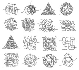 Tangled lines, chaos scribbles, messy squiggles and knots. Hand drawn chaotic doodles, entwined tangle scrawl, random scribble Vector set. Complicated thoughts and ideas, curled maze