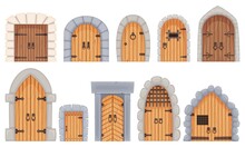 Cartoon Medieval Castle Entrance Gates And Dungeon Door. Old Wooden Doors With Stone Surround, Ancient Castles Doorway Or Gate Vector Set. Fairytale Gothic Arch Doors For Historic Building