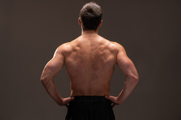 Wall Mural - Back view of the young handsome male athlete showing muscles isolated on a dark background. Sport and bodybuilding concept