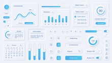 Neumorphic User Interface Elements, Mobile App Ui Design Kit. Buttons, Bars, Sliders In Neumorphism Style For Website Or Dashboard Vector Set. Menu With Different Minimal Components