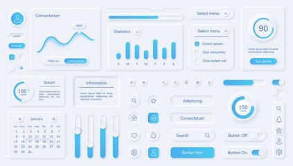 Poster - Neumorphic user interface elements, mobile app ui design kit. Buttons, bars, sliders in neumorphism style for website or dashboard vector set. Menu with different minimal components