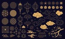 Chinese New Year Decoration Elements, Clouds And Festive Lanterns. Traditional Asian Patterns And Ornaments, Sakura Flowers Vector Set. Floral Lotus Blossom, Decorative Fans Isolated On Dark
