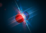 Fototapeta  - Red and blue particles collision. Vector illustration. Atom fusion, explosion concept. Abstract molecules impact. Atomic energy power blast, electrons protons collide. Two cores shatter destruction